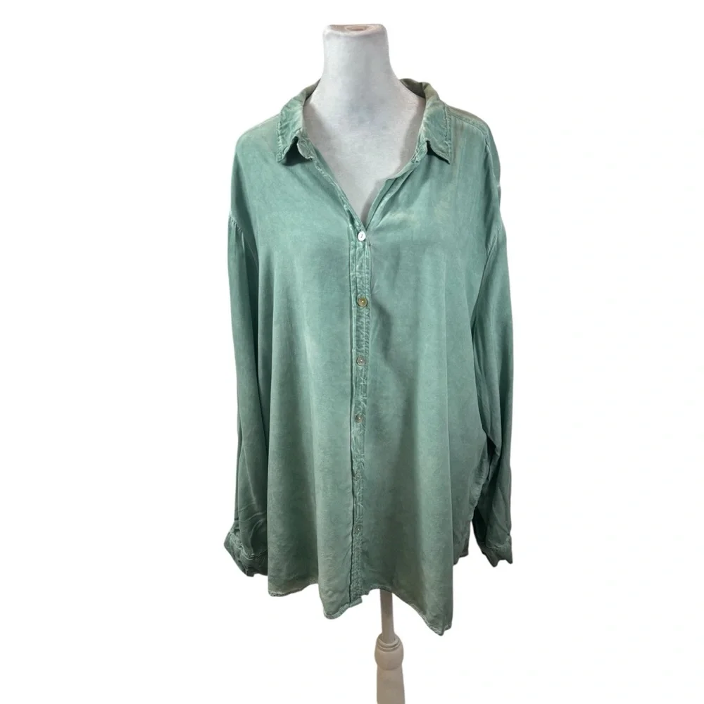 Jane + Delancey Mint Green Mineral Wash Button‎ Down Tunic Top Size 3X